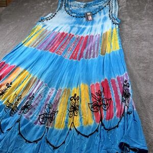 Unbranded Blue Tie Dye Rayon Sleeveless Midi Dress Free Size Ethnic Boho